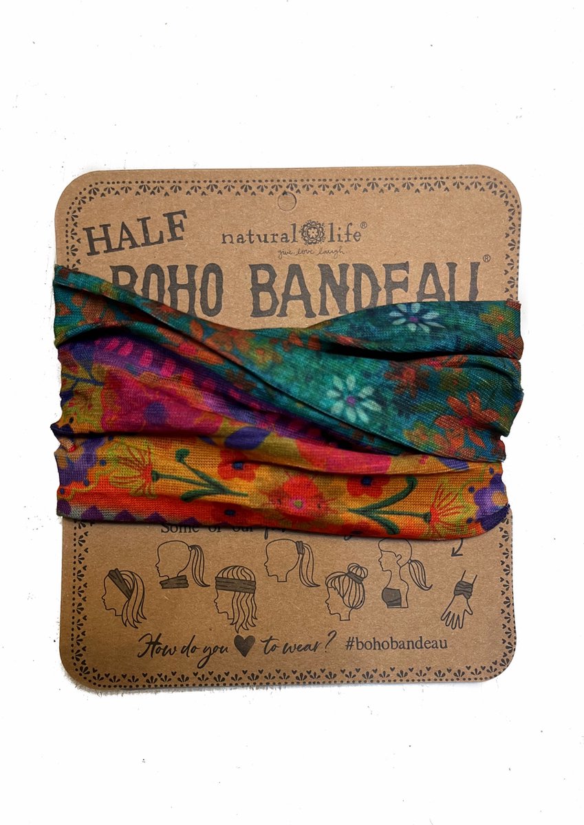 Oranje met groene Boho Bandeau, smalle haarband, Boho bandeau, Natural Life, Lovely Scarfs, infinity shawl, sjaaltje, hoofdbandje, ronde sjaal, hoofdbandjesportband