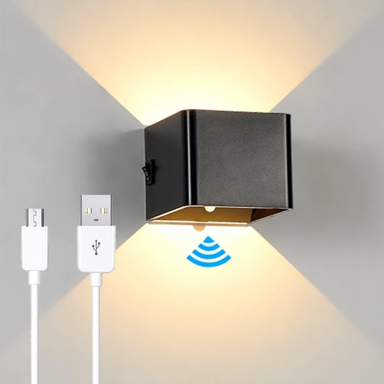 Wandlamp - Oplaadbare Wandlamp voor binnen met bewegingsmelder - 5W LED zwart Wandlamp batterijen met schakelaar - USB oplaadbaar Wandverlichting Magnetische, voor slaapkamer, woonkamer, trap, hal