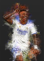 Wallofprints - Voetbalposter A3 formaat - Vinicius Jr poster - 29.7 x 42 cm - Unieke waterverfstijl poster van Vinicius Jr in het Real Madrid tenue