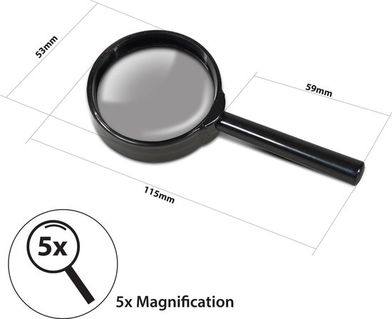Zwart vergrootglas met een lensdiameter van 53mm, handvat van 59mm, totale lengte 115mm, 5x vergroting.