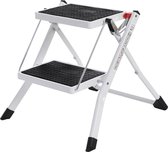 Klapstoel met 2 treden - opstapje - ladder - 20 cm brede treden - antislip rubberen mat - met draaghandvat - draagvermogen tot 150 kg - gemaakt van staal - wit-zwart - 35cm x 55.5cm