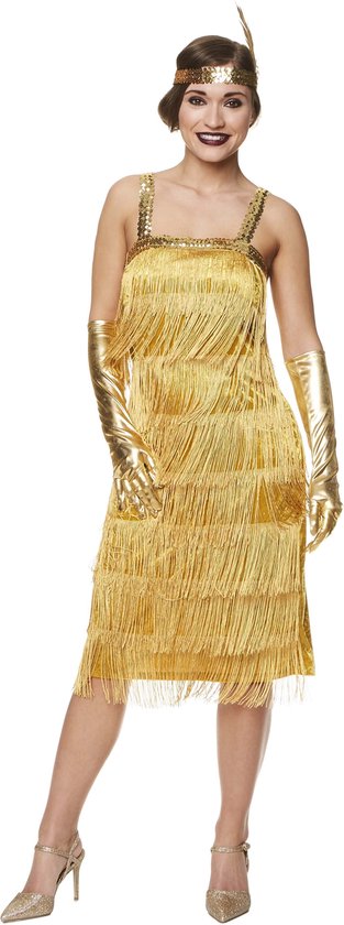 Karnival Costumes 20's Party Jaren 20 Stralende Gouden Flapper Jurk Charleston Kostuum Carnavalskleding Dames - Polyester - Maat S - 3-Delig Jurk/Handschoenen/Hoofdband