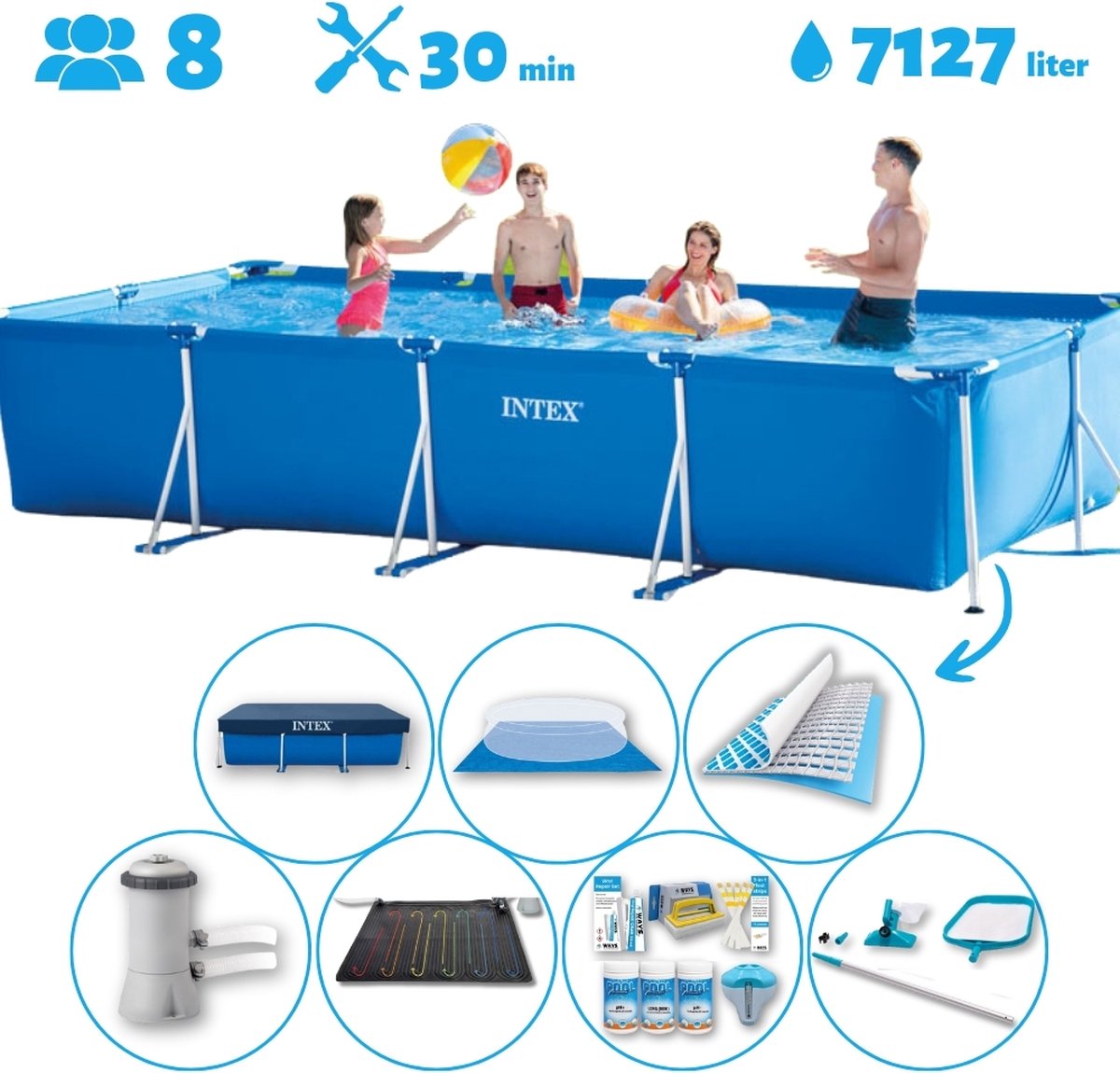 Intex Frame Pool Intex Rechthoekig Opzetzwembad 450 x 220 x 84 cm Blauw Inclusief Pomp Solar Mat Onderhoudspakket Grondzeil Afdekzeil Schoonmaaktset