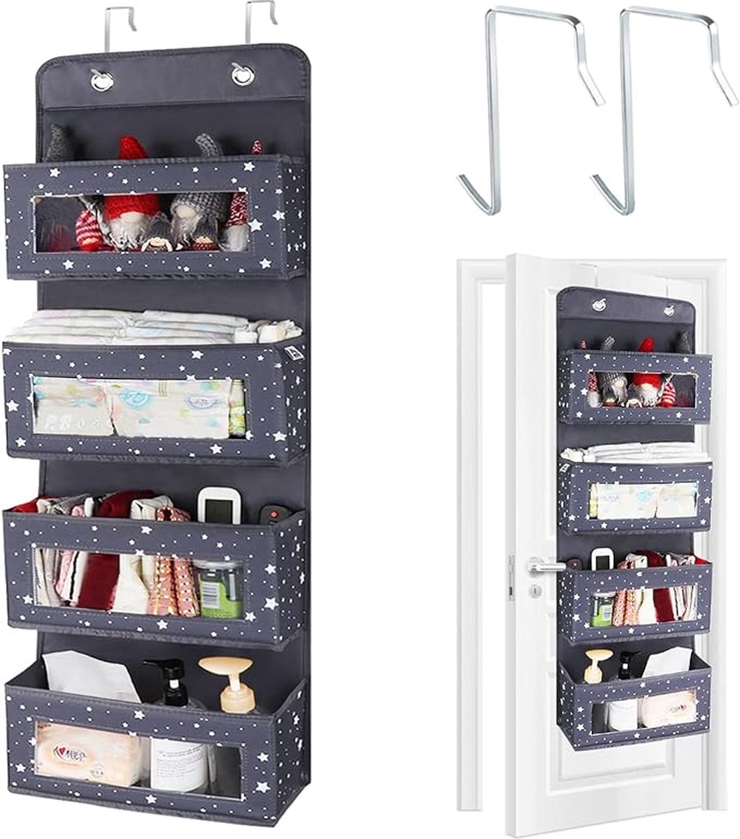 Over de deur hangende wandorganizer - Ruimtebesparende Hangende - 4 Vakken- Deurophanging - Opbergorganizer met Transparant Venster voor Speelgoed - Tijdschrift - Baby organizer (Grijs)
