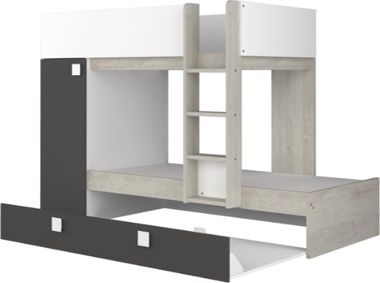 Lit superposé Lio avec armoire et tiroir de lit - pin/blanc/gris