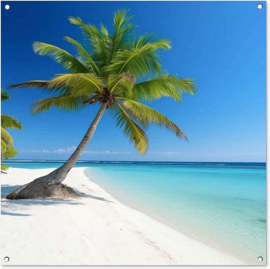 Tuinposter strand - Tuindecoratie palmboom - 100x100 cm - Poster voor in de tuin - Buiten decoratie - Schutting tuinschilderij Hawaii - Tuindoek muurdecoratie - Wanddecoratie balkondoek