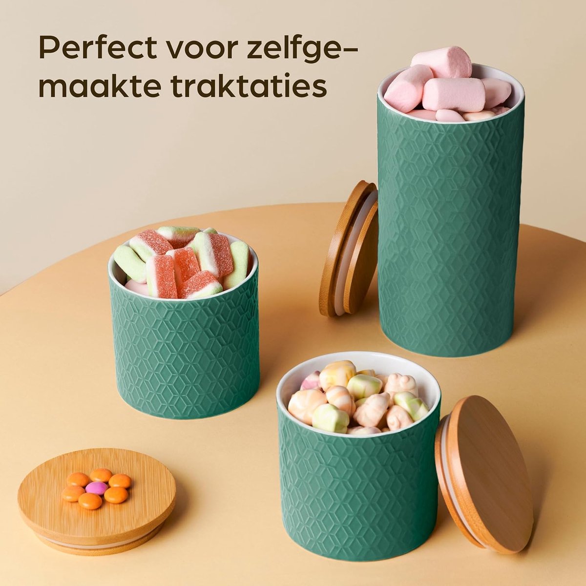 Keramische Voorraadpotten met Bamboe Deksel - 3-Delige Keramische pot met Luchtdicht Deksel - Vaatwasmachinebestendig - Voorraadpotten voor koffie, suiker, muesli (turquoise)