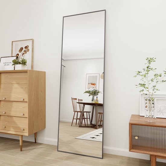 Vollengte Spiegel 140x40 Cm - Staande Spiegel Met Smal Frame, Zwart, HD-glas