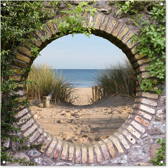 Tuinposters - Tuindecoratie - Doorkijk - Strand - Duinen - Zomer - 100x100 cm - Tuin decoratie - Schutting decoratie - Tuinposter - Schuttingdoek - Buitenposter - Tuinversiering - Balkon decoratie - Tuinschilderij - Tuindoek - Buitenposter