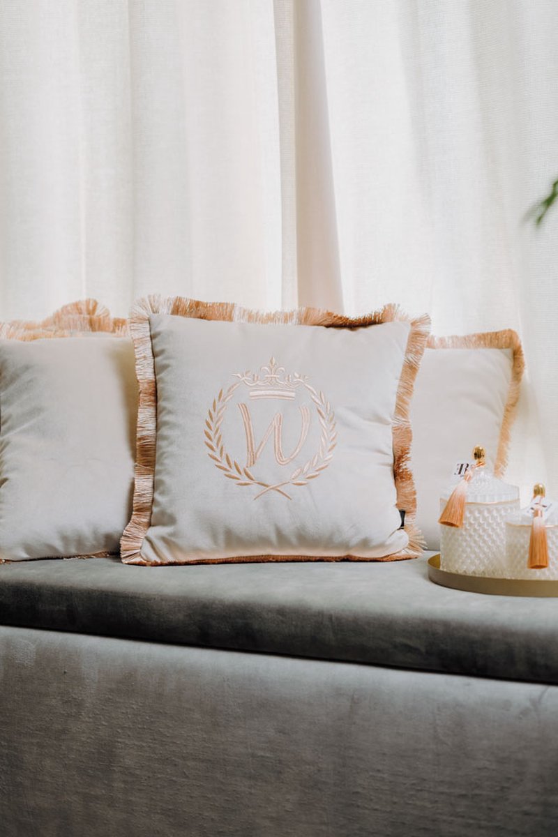 Embroidered pillow / personalised pillow / monogram pillow / decorative cushion 40x 40 beige velvet letter W