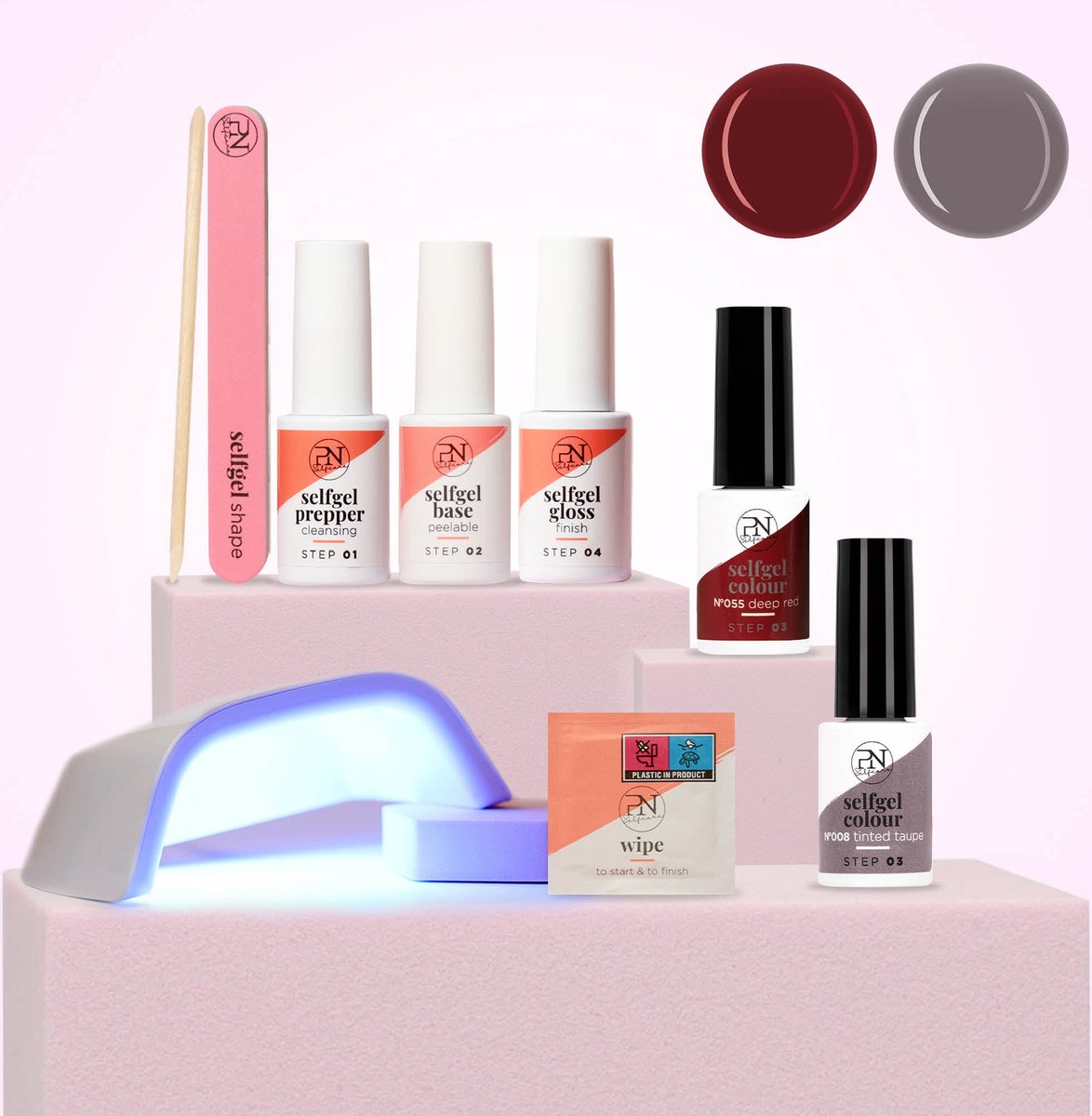 Goedkoopste PN Selfcare - Compleet Gellak Starterspakket 'N55 Deep Red & 'N8 Tinted Taupe - 2 Gellak Kleuren - LED Lamp, Manicure Set & Gel Nagels - Hema Vrij & Vegan - 5 x 6ml Gel Nagellak