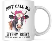 Grappige Mok met tekst: Just call me bitchy becky. Have an issue with it? Keep it to yourself! | Grappige Quote | Funny Quote | Grappige Cadeaus | Grappige mok | Koffiemok | Koffiebeker | Theemok | Theebeker