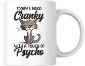 Grappige Mok met tekst: Today's Mood: Cranky with a touch of Psycho | Grappige Quote | Funny Quote | Grappige Cadeaus | Grappige mok | Koffiemok | Koffiebeker | Theemok | Theebeker