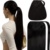 Vivendi Ponytail Clip In Hairextensions| Human Hair Echt Haar | Wrap Around Hairextensions | 16" / 40 cm |kleur #1 zwart | 70gram