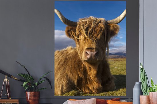 Muurstickers - Sticker Folie - Schotse Hooglander - Dieren - Gras - 120x160 cm - Plakfolie - Muurstickers Kinderkamer - Zelfklevend Behang XXL - Zelfklevend behangpapier - Stickerfolie