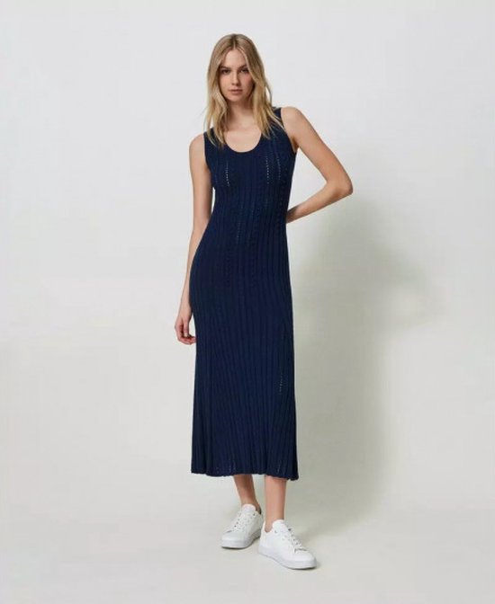 Twinset Lange jurk van gemengd stiksel en kabeltricot Blauw XS