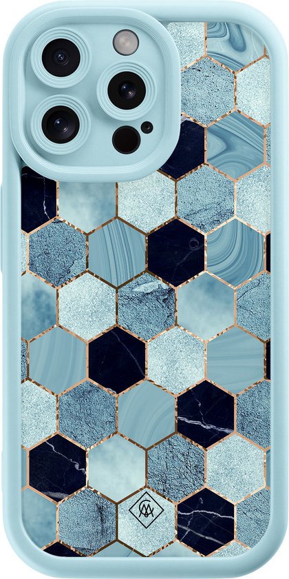 Coque Casimoda® - Convient pour iPhone 15 Pro Max - Blue Cubes - Coque de téléphone unie avec protection d'objectif - TPU - Coque arrière - Blauw