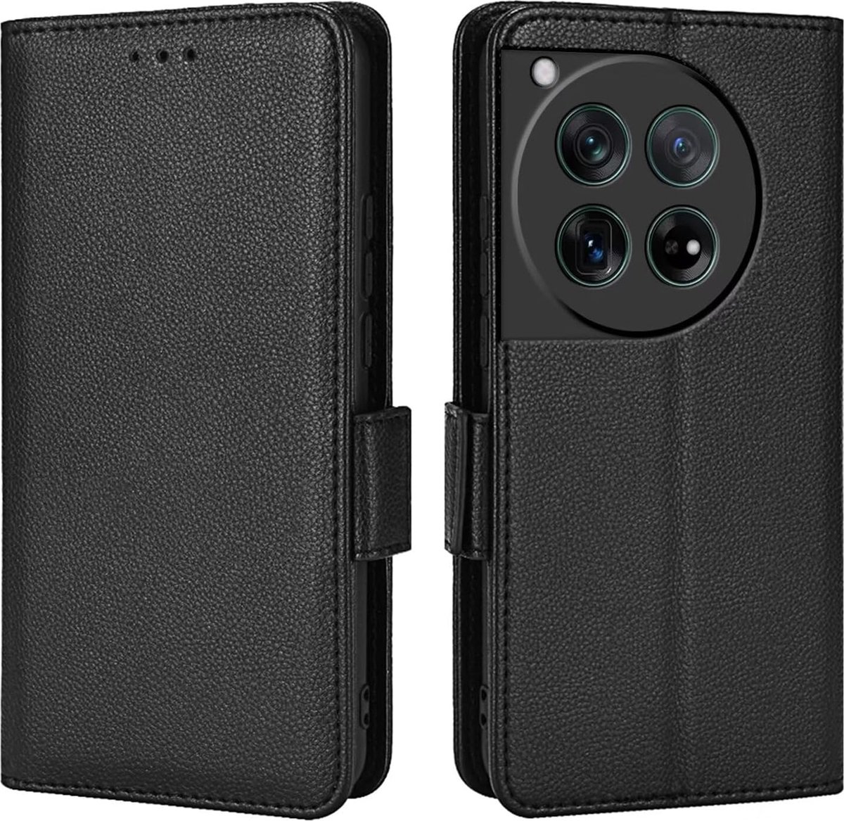 Geschikt voor Oneplus 12 5G - PU Leer - Schokbestendig - Book Case Hoesje - Zwart