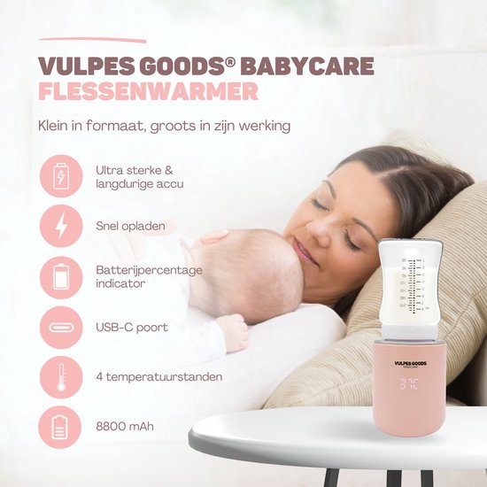 Vulpes Goods® BabyCare - Flessenwarmer Onderweg Pro - Draagbare Baby Flessenwarmer - Intelligente Flesverwarmer - 4 Temperatuurniveaus - 6 Adapters - Draadloos - Roze