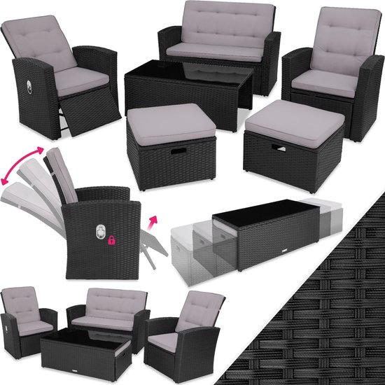 tectake® - wicker zitgroep - balkonlounge voor 6 personen, 2 fauteuils, 2 krukken, 1 bank, 1 tafel met glazen blad, tuinmeubelset, balkonmeubel, loungemeubel weerbestendig- zwart - poly-rattan