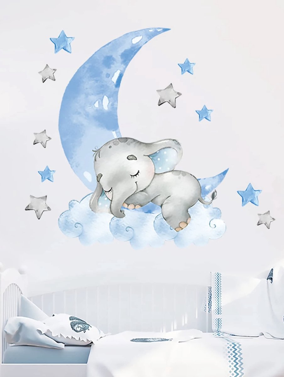 Muursticker - maan - olifant - blauw - kinderkamer - babykamer