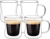 Dubbelwandige latte macchiato-glazen, 4 x 350 ml, set van 4 koffiekopjes, glas van borosilicaatglas, koffieglas, theeglazen met handvat, voor cappuccino, latte, thee, Iced Americano, melk, sap, bier