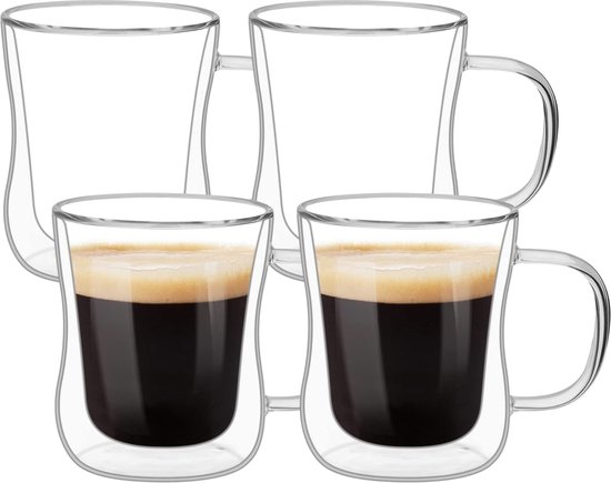Dubbelwandige latte macchiato-glazen, 4 x 350 ml, set van 4 koffiekopjes, glas van borosilicaatglas, koffieglas, theeglazen met handvat, voor cappuccino, latte, thee, Iced Americano, melk, sap, bier
