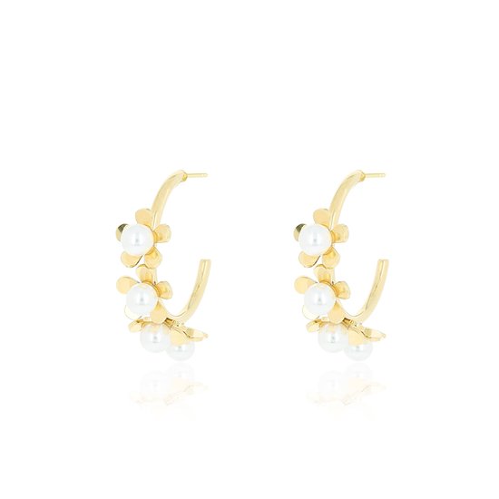 Gold coloured earrings with flowers & pearls