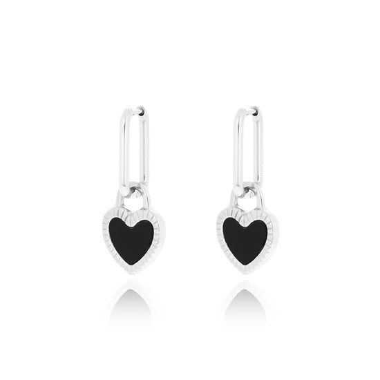 Silver coloured earrings with black & white heart charm