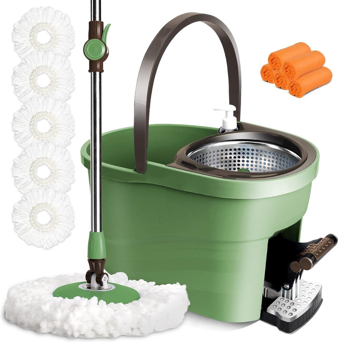 Goedkoopste Mopset met emmer, vloermopset van 145 cm roestvrijstalen telescoopsteel, 6 l schoonmaakemmer met dweilset en 4 reservemopkoppen, wisser voor het reinigen van vloeren, 5 reinigingsdoeken