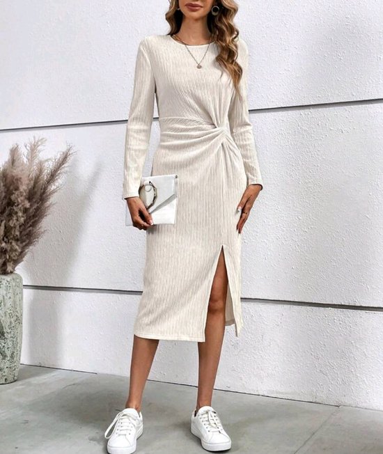Sexy elegante corrigerende twist taille beige geplisseerde stretch trui jurk met split maat M