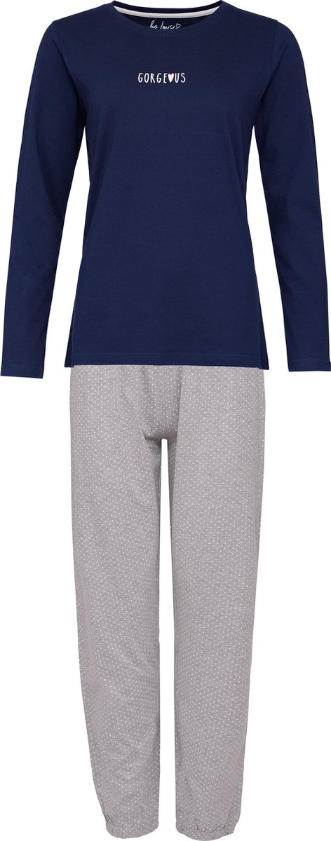 By Louise Dames Pyjama Set Lang Katoen Donkerblauw / Grijs Gestipt - Maat M