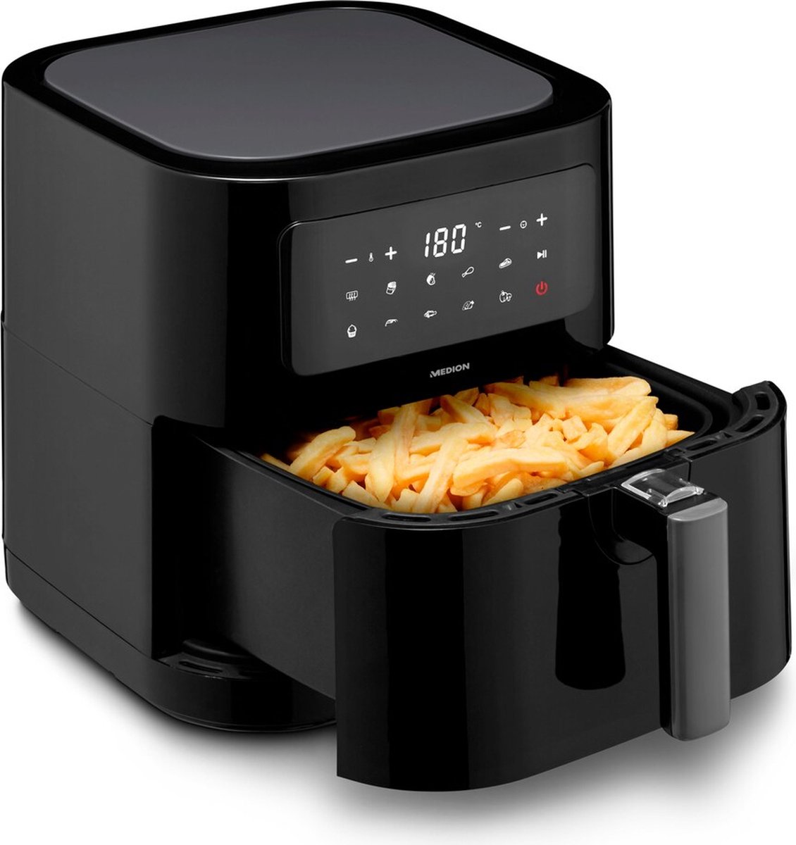 MEDION E40 Airfryer XL Heteluchtfriteuse XXL Frituurmand 5 3 liter Hetelucht Oven 2.150 Watt 9 automatische programma's Bakfunctie LED-display Zwart