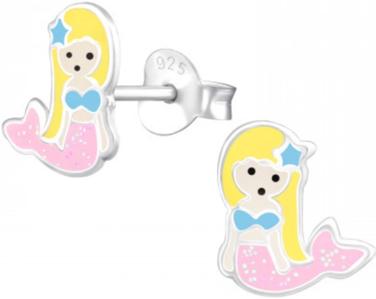 Joy|S - Zilveren zeemeermin oorbellen - glitter roze