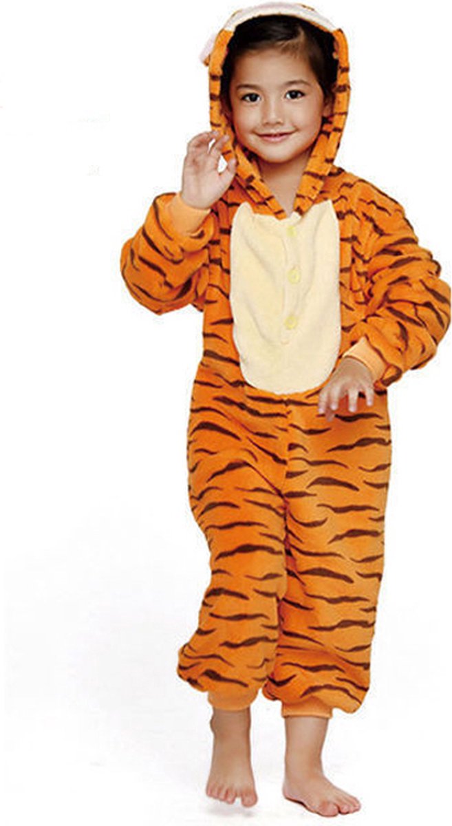 KIMU® Onesie Tijgertje Pak Kostuum Oranje - Maat 128-134 - Tijger Tijgerpakje Pyjama Jumpsuit Kinder Pakje - Panter Luipaard Jongen Meisje Festival