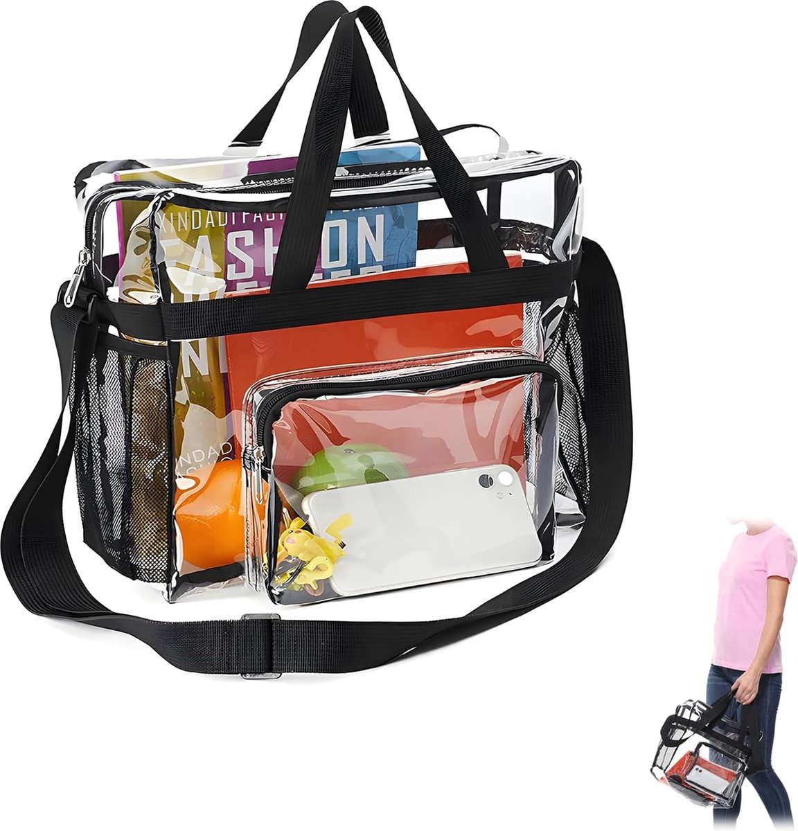 Doorzichtige vinyl draagtas Waterdichte schouder Shopper Halfstijve rechthoekige stalen kettingriem Aanpasbaar Minimalistisch Elegante rand Luchthaven Strand - België