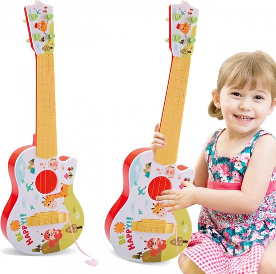 Playos® - Ukulele - Peuters - Giraf - Rood / Geel - met Plectrum - Kindergitaar - Speelgoedinstrument - Muzikaal Speelgoed