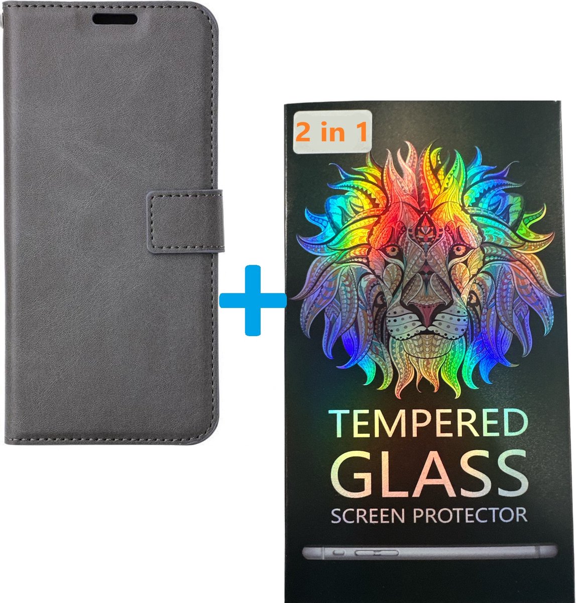 Portemonnee Book Case Hoesje + 2x Screenprotector Glas Geschikt voor: Oppo A92 - Grijs