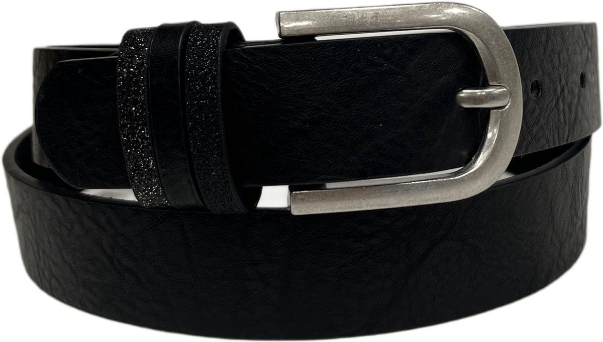 Exclusieve Leren Riem - Zwart - Glitter Detail - Zilveren Gesp - 100cm