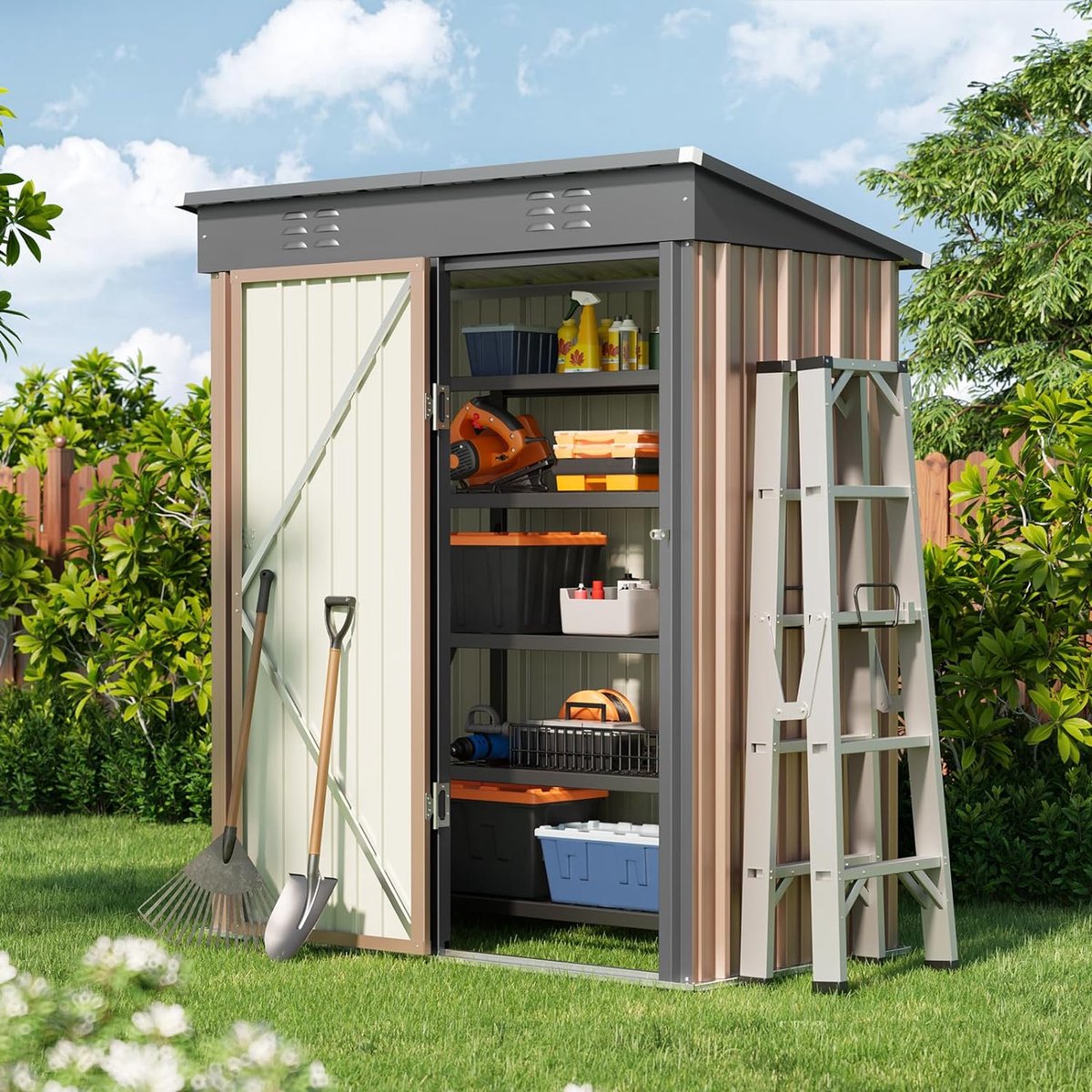Bealife CC21 Tuinhuis - Metalen Gereedschapsschuur - 180 x 162 x 95 cm - voor Achtertuin Terras Gazon - Bruin