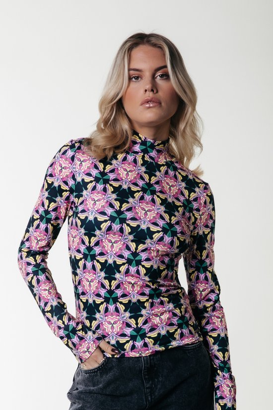 Colourful Rebel Neyo Graphic Flower Peached Turtleneck Top - M