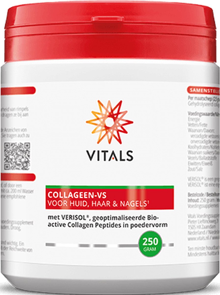 Goedkoopste Vitals Collageen-VS - 250 gram poeder. Met VERISOL®, geoptimaliseerde Bioactive Collagen Peptides voor een mooie huid, haar en nagels.