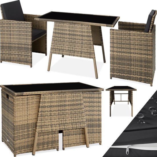 tectake® - wicker zitgroep voor 2 personen, ruimtebesparend buitenmeubilair, 2 fauteuils en 1 tafel, ideale balkonloungeset, tuinmeubelen, terrasmeubilair weerbestendig - natuurkleur - poly-rattan