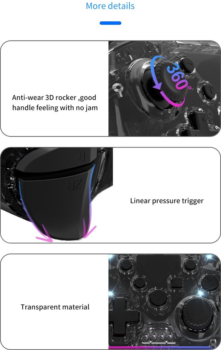 Pro Controller Draadloos - draadloze schakelaar controller - Geschikt voor Nintendo Switch Controllers - Controller Switch Support Turbo - up-functie en verstelbare LED (transparant zwart) – foto 7
