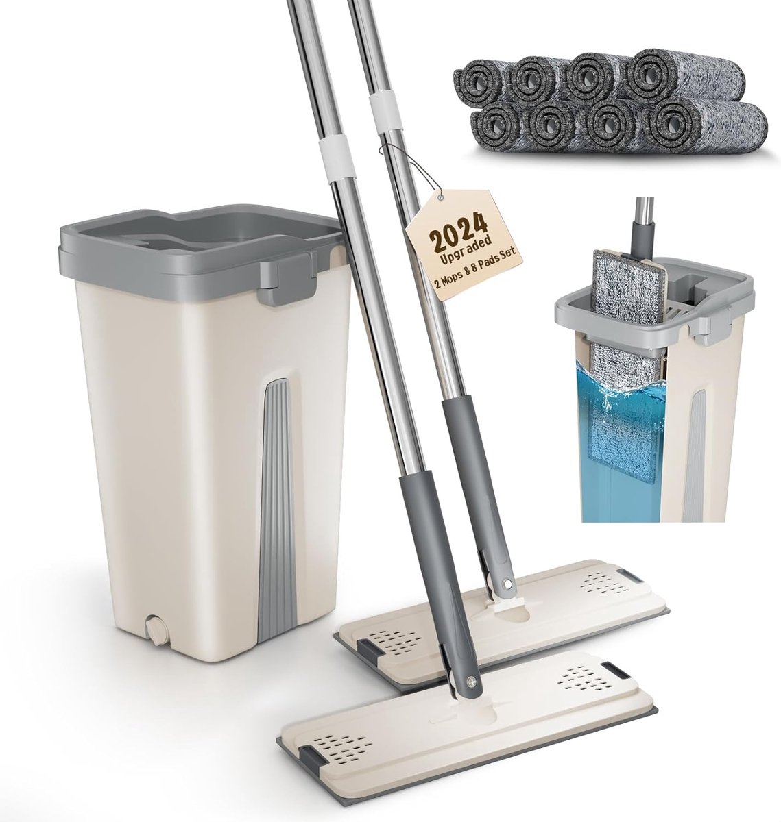 Goedkoopste Mopset met emmer, handsfree vlakke vloermop met 8 microvezelpads, huishoudelijk schoonmaakhulpmiddel met 2-kamerontwerp, gescheiden schoon/vuil water (dubbele dweil wit