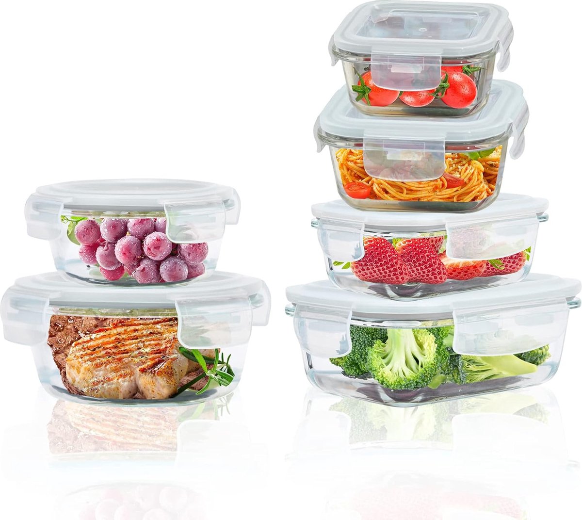 Glazen containers met deksels, 6-pack luchtdichte voedselopslagcontainers met deksels BPA-vrij voor voedsel en lekvrije voedselopslagcontainers Glas met deksels voor oven/vriezer, grijs