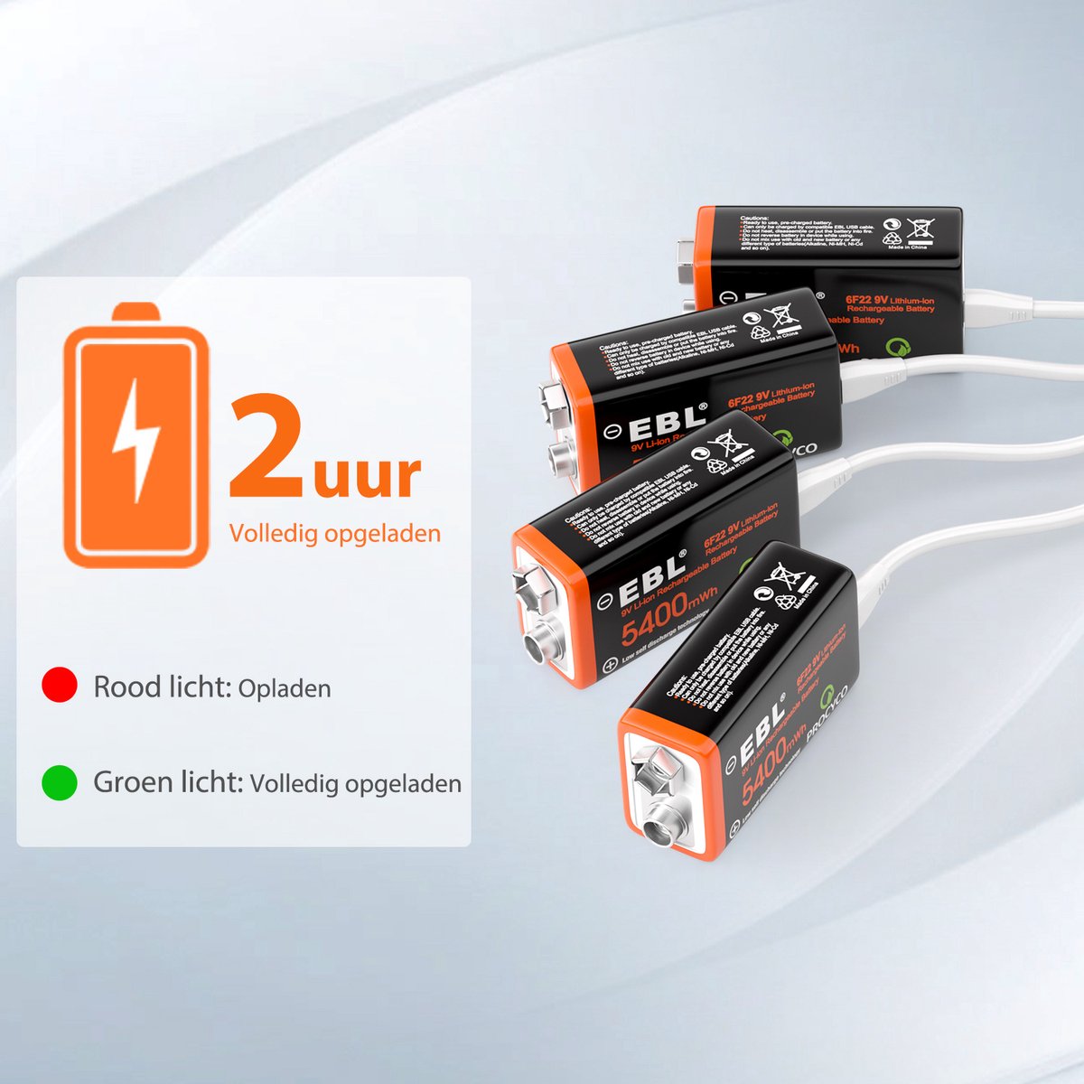 thumbnail image 2 of EBL 9V Lithium Ion USB Rechargeable Batteries (5400mWh, 800mAh) – 2-Pack With Charging Cable 2 of 5