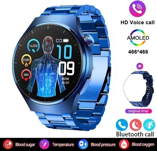 Foto: 2024 bloedsuiker smart watch niet invasieve bloedglucose hartslag gezondheid monitor pijnloos meten sport smartwatch insuline meten ai technologie blauwe stalen band extra blauwe band