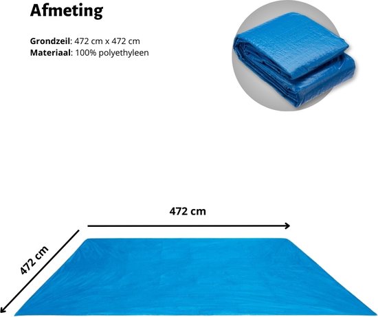 Blauw Intex grondzeil van 472 x 472 cm, gemaakt van 100% polyethyleen, beschermt de zwembadbodem.