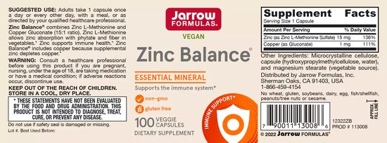 Zinc Balance 15mg 100 capsules - synergistisch werkende combinatie van gecheleerd zink en koper | Jarrow Formulas - Jarrow Formulas
